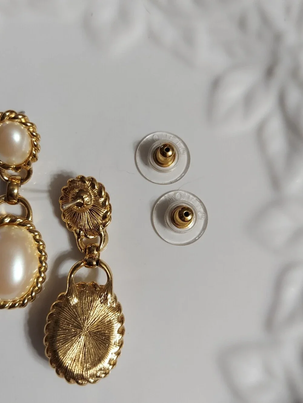 Monet Vintage Textured Gold Tone/Oval Faux Pearl Dbl Drop Earrings